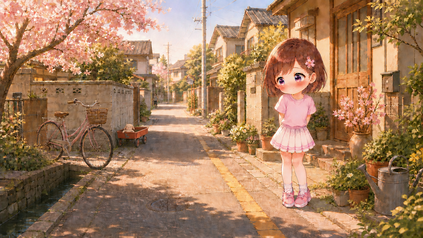 Hikari Studio's bashful cherry-blossom mascot on a warmly lit Japanese neighborhood lane